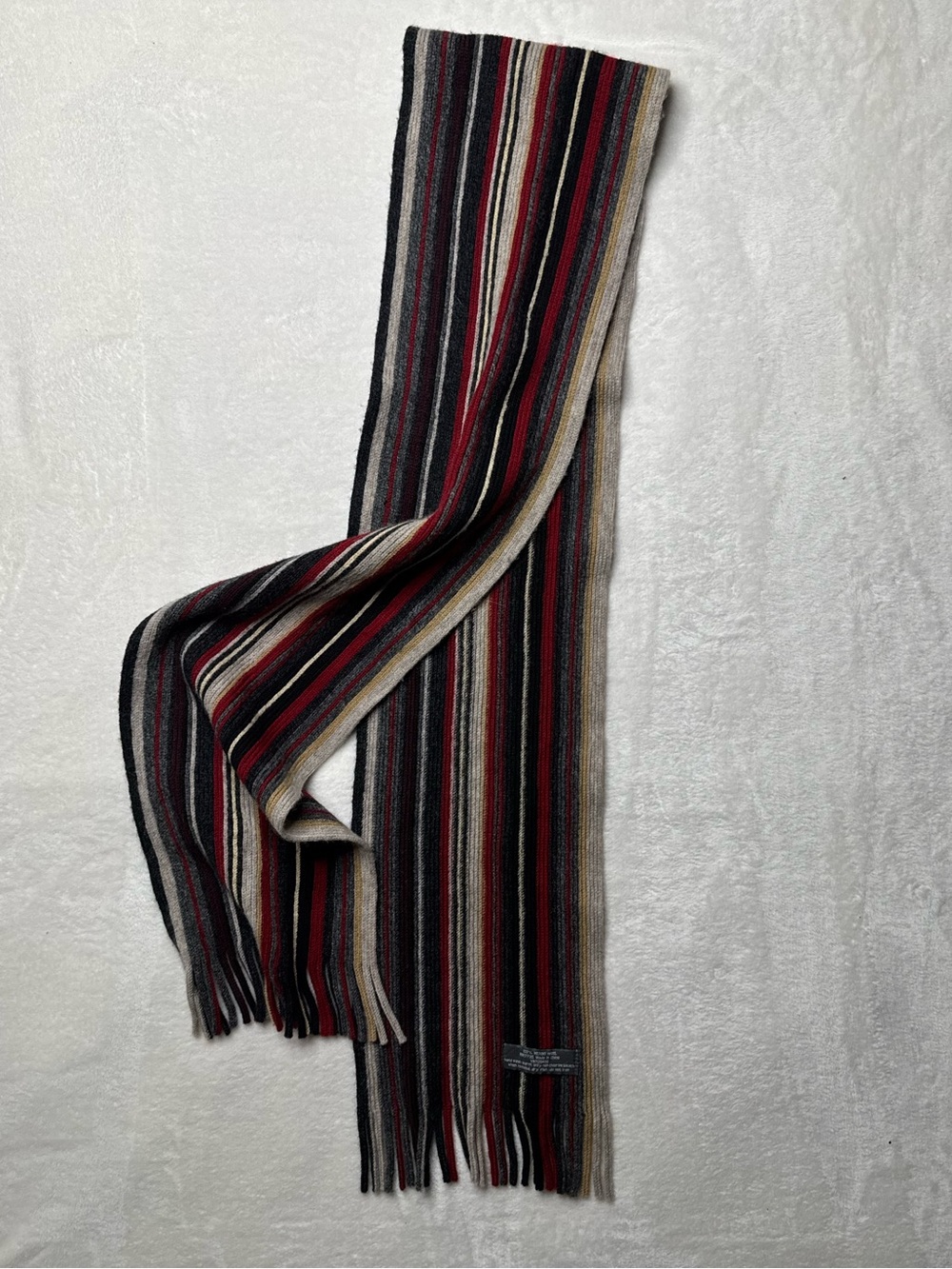 Vintage 100% Merino Wool Men's Fringe Scarf Striped Black, Red, Gray, Tan Onsize